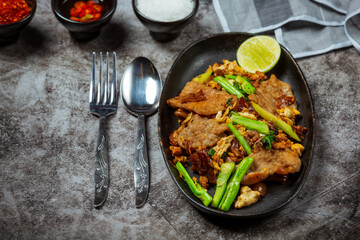 Noodles topped with big pork, Thai food