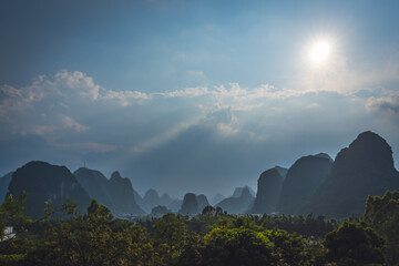 Yangshuo landscape panorama on a sunny day