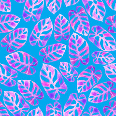 Fototapeta na wymiar Modern abstract seamless pattern with watercolor tropical leaves for textile design. Retro bright summer background. Jungle foliage illustration. Swimwear botanical design. Vintage exotic print.