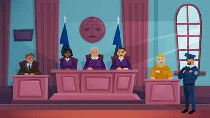 Court of law justice vector illustration. Cartoon flat courtroom interior with judge, lawyer prosecutor and criminal characters sitting on public crime proceeding tribunal in courthouse background