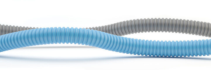 Corrugated grey and blue pipe for installation of electrical cable, 3d illustration