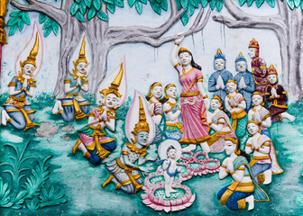 Religious fresco showing a buddhist scene in a temple in Siamese Lao PDR, Southeast Asia