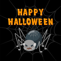 Halloween poster with spider on web on black background, vector creepy text with flat spooky insect illustration for holiday invitation, Halloween party banner, spider logo, scary icon, fear and dark