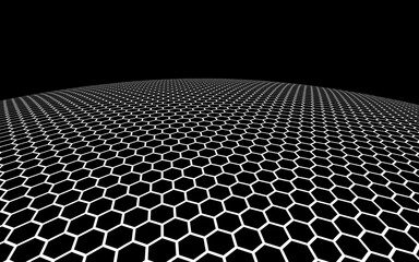 Dark honeycomb on dark background. Perspective view on polygon look like honeycomb. Ball, planet, covered with a network, honeycombs, cells. 3D illustration