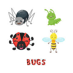 Bug or insect set. Spider, caterpillar or worm, ladybird, bee or wasp, dotted letters. Cute vector mascot character collection for logo, icon, sticker, nursery design, holiday party, birthday, print