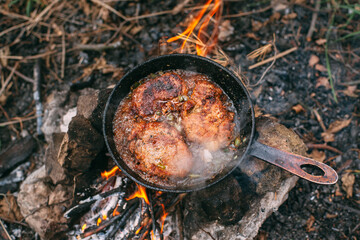 Frying meat in a pan over an open fire with leek. Steak in a pan on a bonfire with seasonings. Cooking in nature. Picnic. Grill on fire..