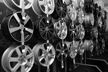 Alloy wheels on rack in auto store. Black and white effect