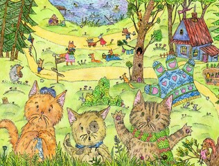 Kittens for a walk. Bright illustration in ink and colored pencils. Cute illustration for the decor and design of posters, postcards, prints, stickers, invitations, textiles and stationery.