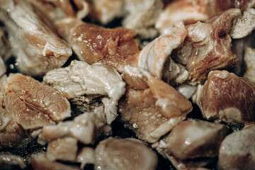 Pieces of meat are fried in oil. Large clan. Selective focus
