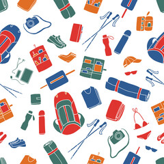 Seamless pattern of clothes and accessories for ecotour, yougatour,  hiking,trekking. Vector hand drawn colorful illustration in flat style on white background.Design for packages, cards, textile.