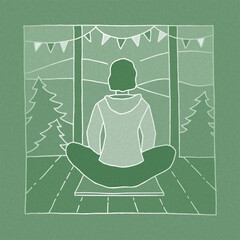 Hand drawn vector illustration with texture. Woman is practicing meditation sitting in Siddhasana on a yoga mat on the terrace of mountain hut. A mountain landscape with trees is outside the terrace. 