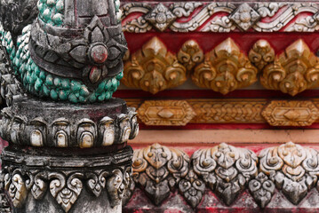 Stony detail of the decorative stupa fundament and stairway in Siamese Lao PDR, Southeast Asia