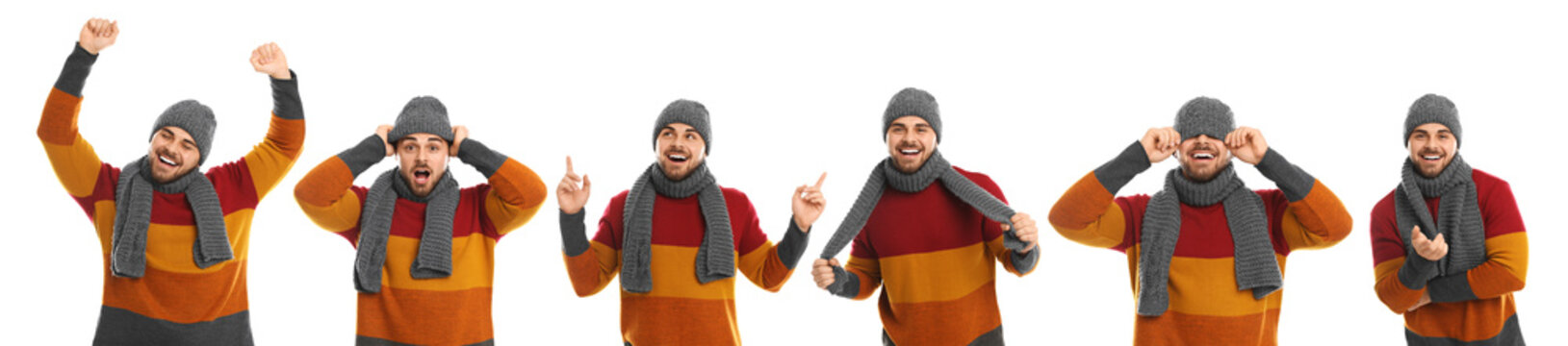 Collage with photos of young man wearing warm clothes on white background, banner design. Winter vacation