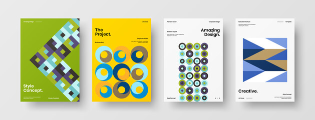 Obraz premium Company identity brochure template collection. Business presentation vector A4 vertical orientation front page mock up set. Corporate report cover abstract geometric illustration design layout bundle.