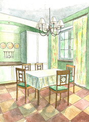 watercolor interior sketch of a cosy kitchen