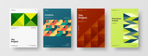 Obraz premium Company identity brochure template collection. Business presentation vector A4 vertical orientation front page mock up set. Corporate report cover abstract geometric illustration design layout bundle.