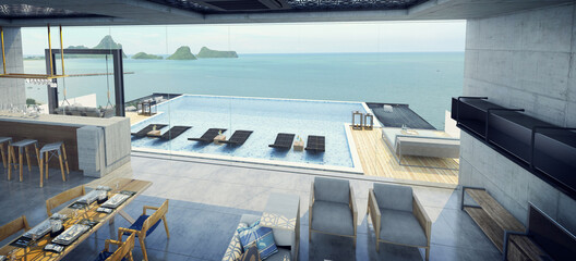 Fototapeta premium Modern beautiful house Living room, dining room and bar with a swimming pool, sea view, blue and white concept,3d render