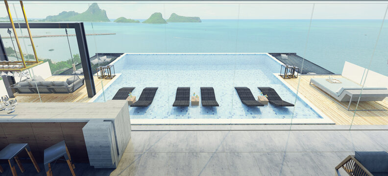 Modern beautiful house Living room, dining room and bar  with a swimming pool, sea view, blue and white concept,3d render