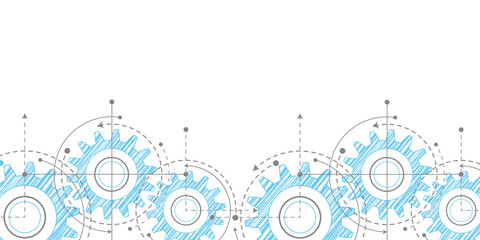 Engineering technical drawing on a white background.Technical drawing of gears . Rotating mechanism of round parts .Vector illustration.	