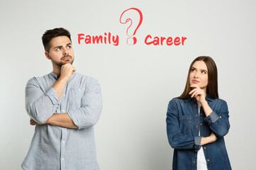 Life balance. Thoughtful couple making choice between family and work