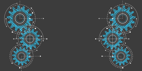 Technical drawing of gears on a black background.Engineering Technology Project. Industrial mechanics Vector illustration.	