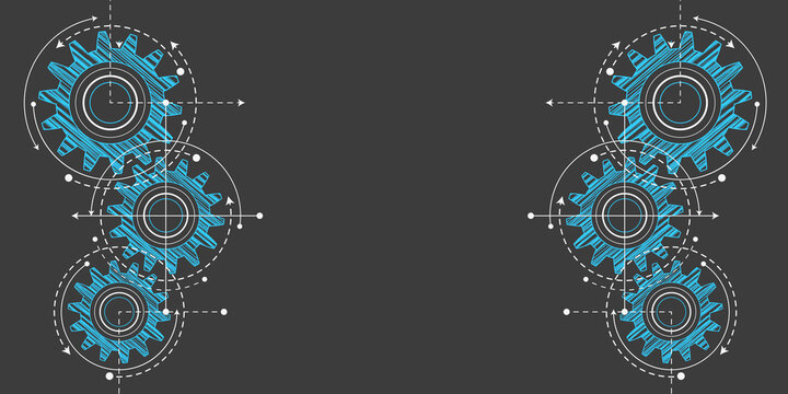 Technical drawing of gears on a black background.Engineering Technology Project. Industrial mechanics Vector illustration.	