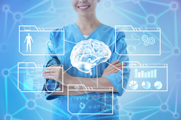 Double exposure of machine learning model and doctor, closeup