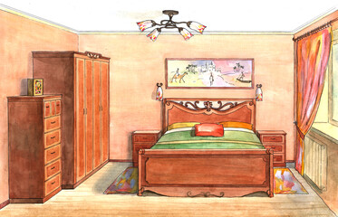 Classic Interior design of a traditional bedroom, watercolor