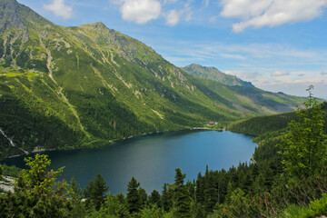 Naklejka na ściany i meble The lake Morskie Oko aerial view. Western Carpathian mountains.