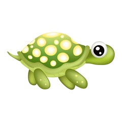 Funny green turtle isolated on white background with 3D effect, stock vector illustration for design and decor, print, logo, children’s, cute, marine theme