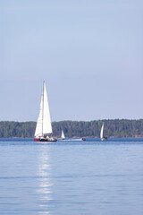 Small sailing boats in Kaunas Reservoir, the largest Lithuanian artificial lake.