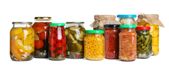 Set of jars with pickled vegetables on white background. Banner design
