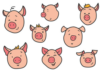 Cute pig face set different expression. Funny little pigs isolated on white background. Hand drawn vector line illustration for kids design