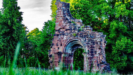 Old monastery ruin at sunset.

The ruin was originally an abbey of the Cistercian monks. It lies on a ridge at a height of about 300m.
The monastery was abandoned in 1558 and is now only a ruin.