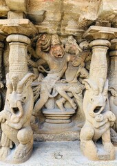 Sandstone sculptures of God and lions are carved prominently as a idols in the ancient kanchi kailasanathar temple in kancheepuram
