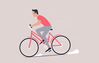 Man on a bicycle. Happy young man rides a bicycle fast. Flat vector illustration.