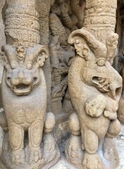 Sandstone sculptures of God and lions are carved prominently as a idols in the ancient kanchi kailasanathar temple in kancheepuram