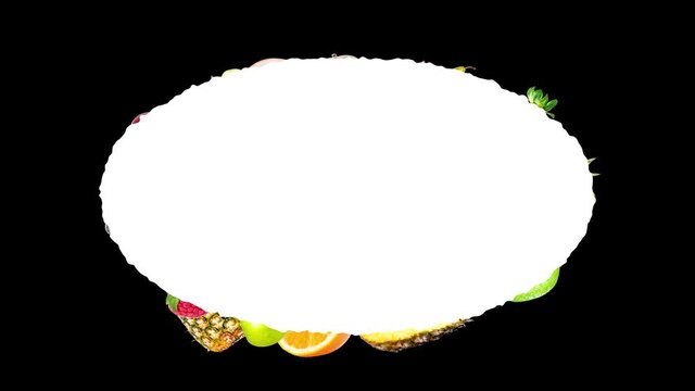 Creative 4k stop motion animation of many different fruits flying from the center and slowing down around a beautiful oval frame with space for text and flying fast. Fruit explosion on a black.