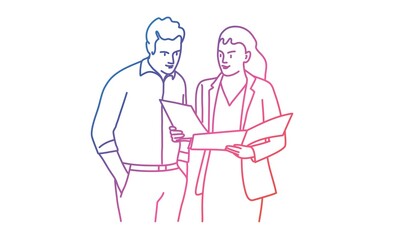 Man and woman discussing work. Rainbow colors in linear vector illustration.