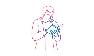 Man or student looks at the book. Rainbow colors in linear vector illustration.