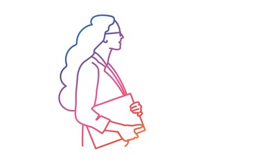 Business woman with folder. Profile. Rainbow colors in linear vector illustration.