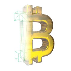 Bitcoin sign, the green grid turns into gold on white background. 3D illustration