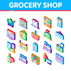 Fototapeta premium Grocery Shop Shopping Icons Set Vector. Isometric Internet Grocery Shop Or In Super Market, Scales And Cash Machine Illustrations