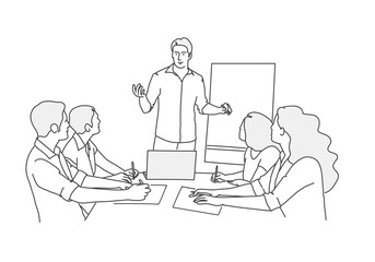 Man stands near blackboard and tells people sitting at table. Line drawing vector illustration.