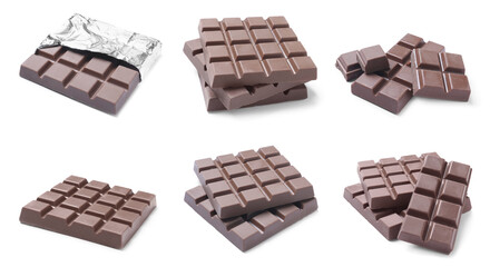 Set with delicious chocolate bars on white background
