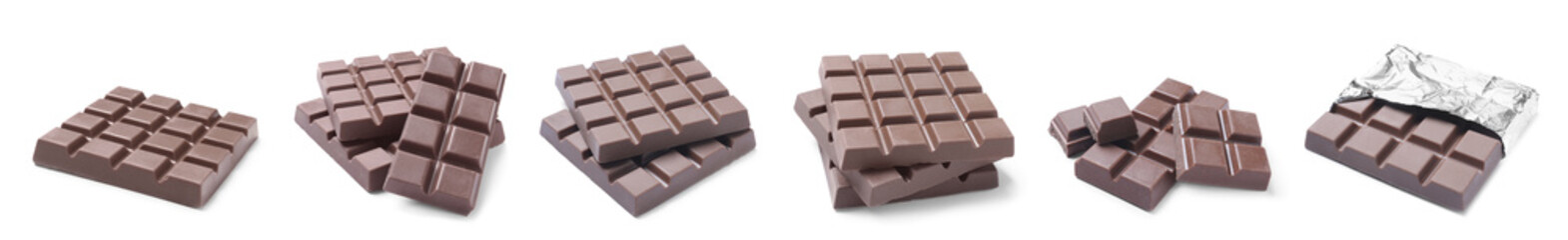 Set with delicious chocolate bars on white background. Banner design
