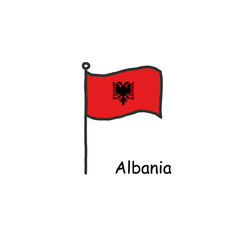 hand drawn sketchy Albania flag on the flag pole. Stock Vector illustration isolated on white background.