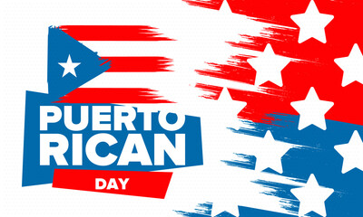 Puerto Rican Day. National happy holiday. Festival and parade in honor of independence and freedom. Puerto Rico flag. Latin american country. Patriotic elements. Vector poster illustration