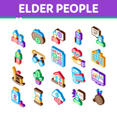 Elder People Pensioner Icons Set Vector. Isometric Medicine Pills For Elder People, Glasses, Hospital, Newspaper And Plant Illustrations