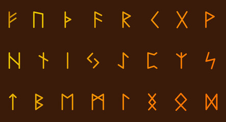 Runes set. Alphabet, futhark. Writing ancient Germans and Scandinavians. Mystical symbols. Esoteric, occult, magic.